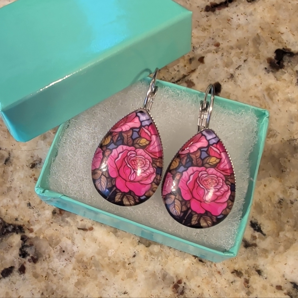 5 For $25.00- Women’s Pink Rose Teardrop Earrings